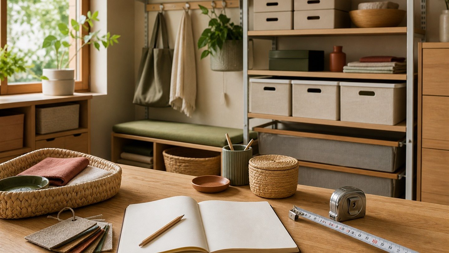 Home-organization planning table with a measuring tape, blank notebook, material samples, baskets, and modular storage