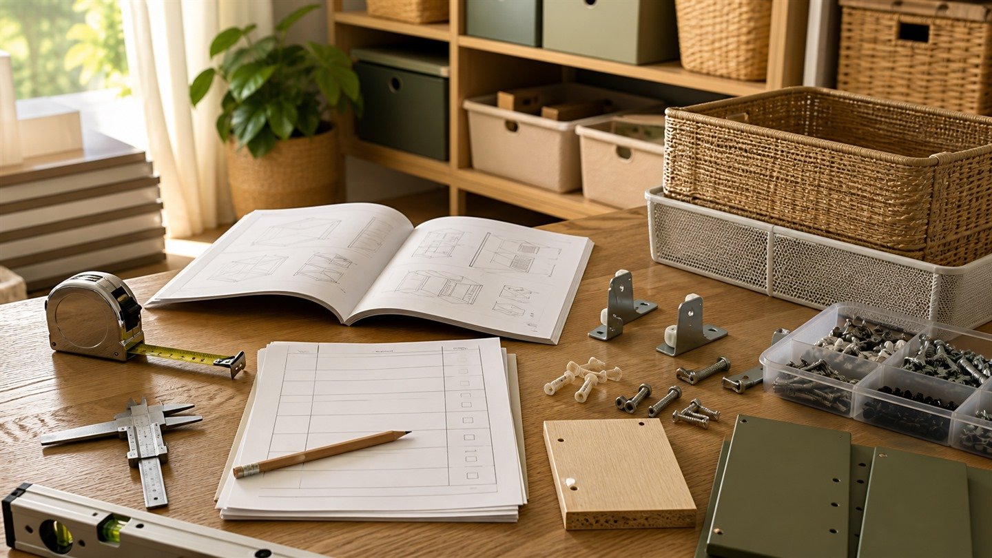 Storage review workspace with measurement tools, instruction diagrams, brackets, hardware, material samples, and organized shelving