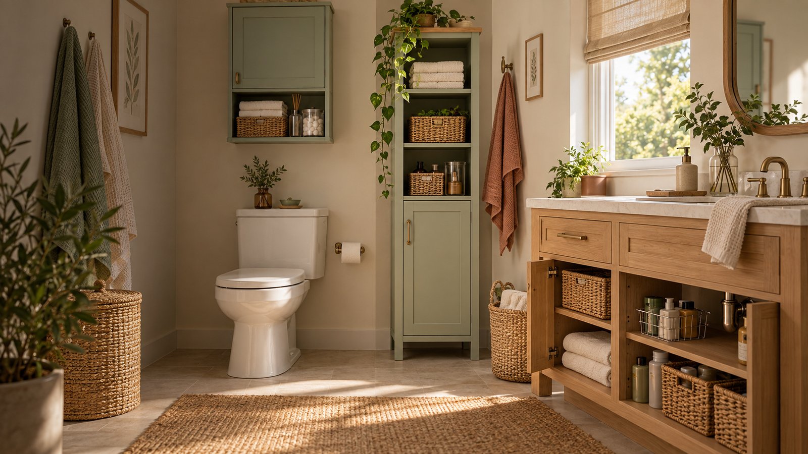 Warm compact bathroom with wall, floor, and under-sink storage
