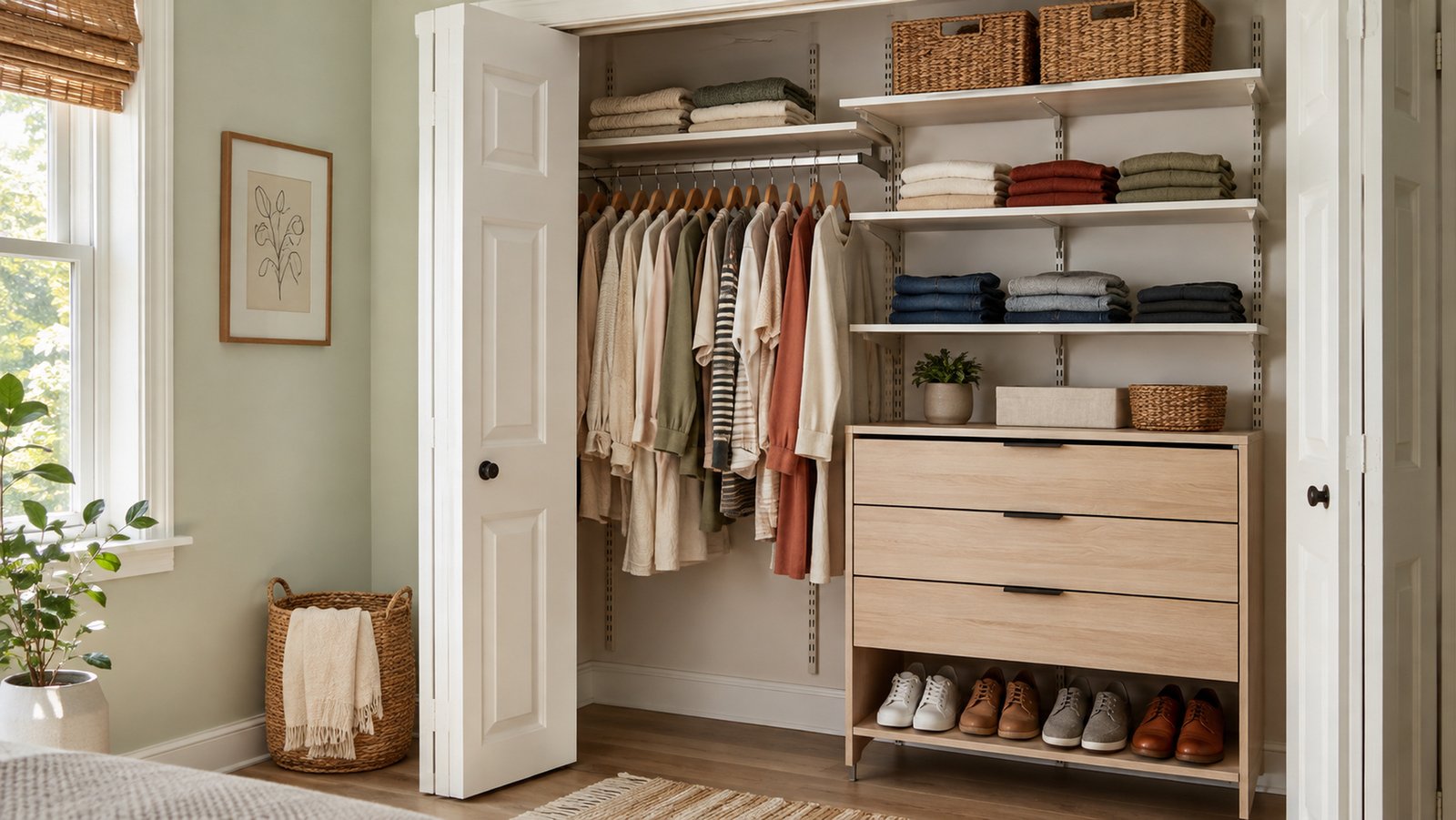 Warm reach-in closet with adjustable hanging, shelves, drawers, baskets, and shoe storage