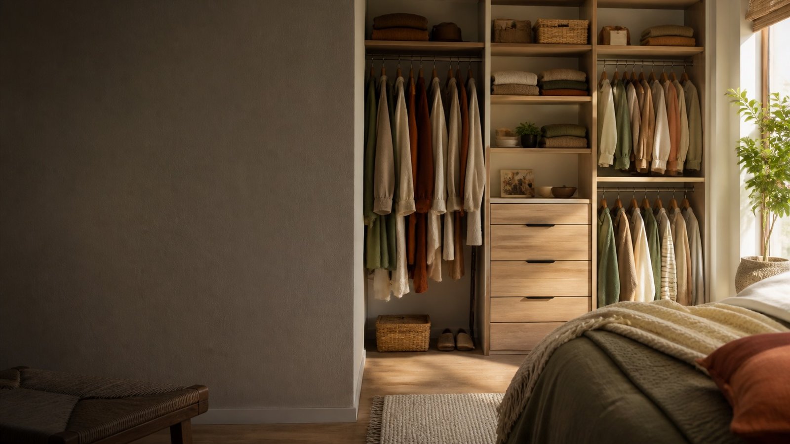 Warm reach-in closet divided into hanging, shelf, basket, and drawer zones
