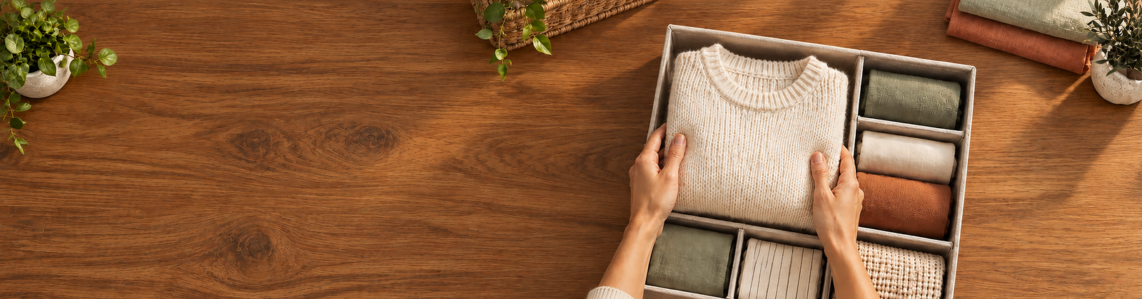 Hands placing a folded cream sweater into a divided fabric organizer on a warm wooden surface