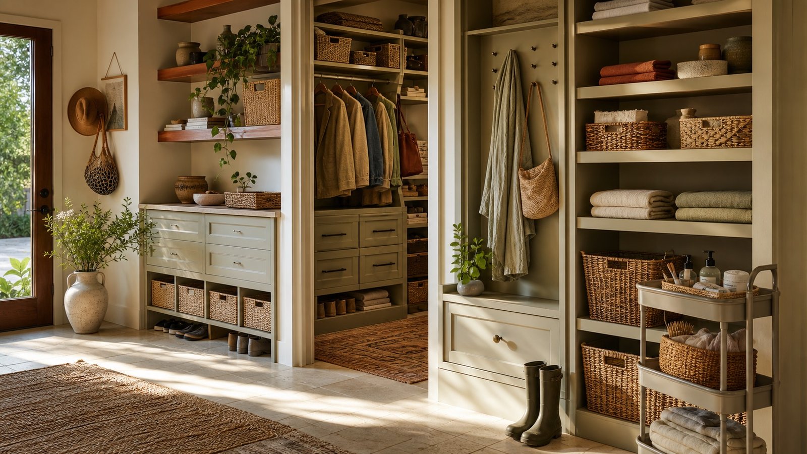 Organized home entry with an open closet, shallow cabinetry, shelves, baskets, drawers, and a slim rolling cart