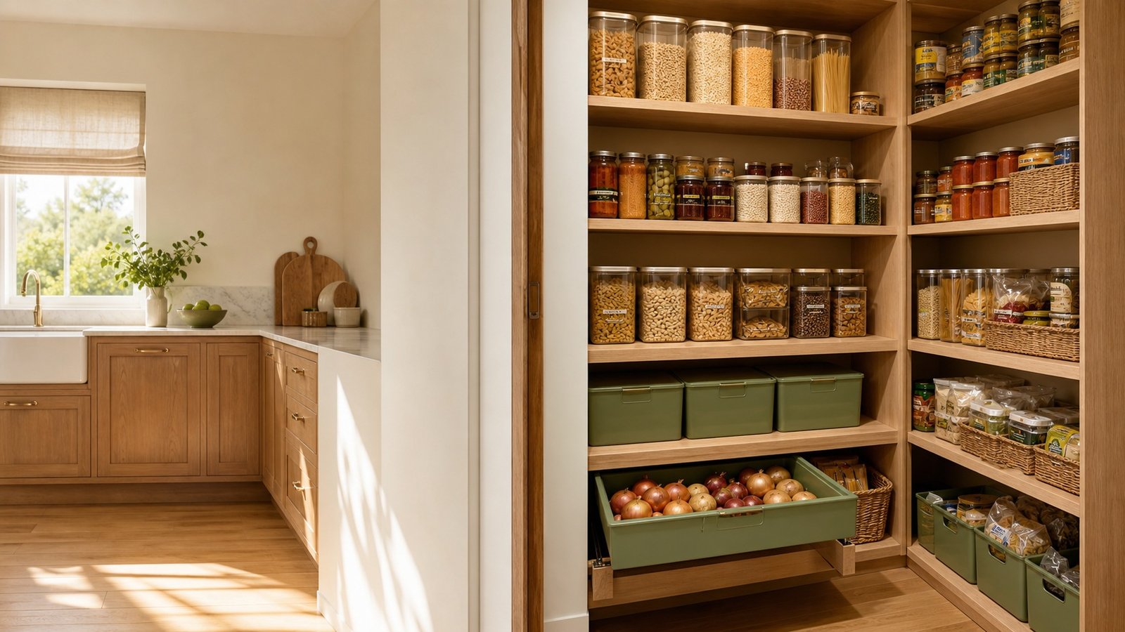 Warm compact pantry organized into visible shelves, shallow bins, and daily-use zones