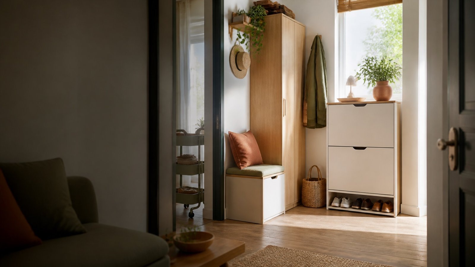 Warm compact entryway using narrow cabinets, a storage bench, and a rolling cart