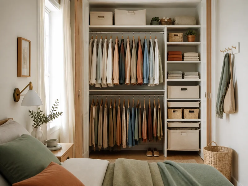 Compact closet organized into practical hanging, shelf, and container zones