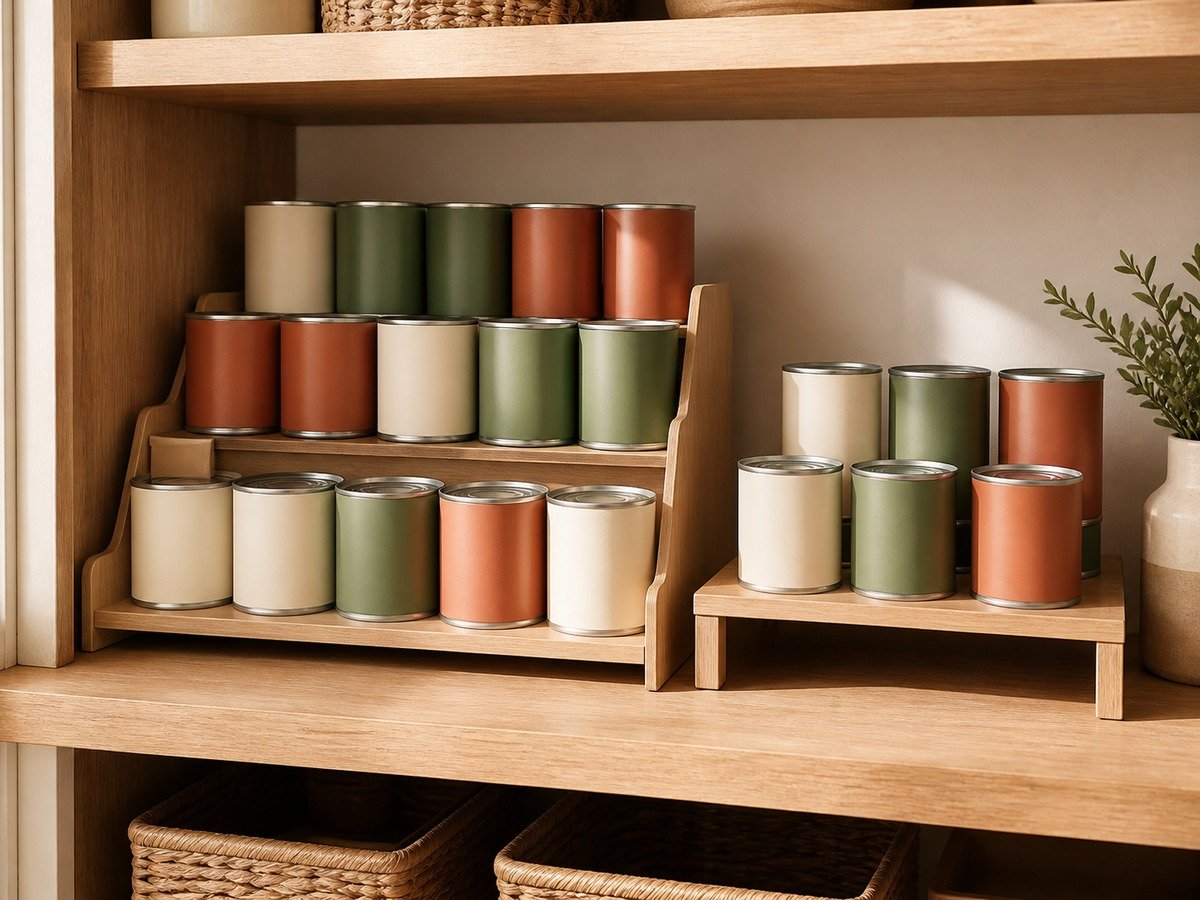 Cans arranged on stable tiered pantry shelf risers
