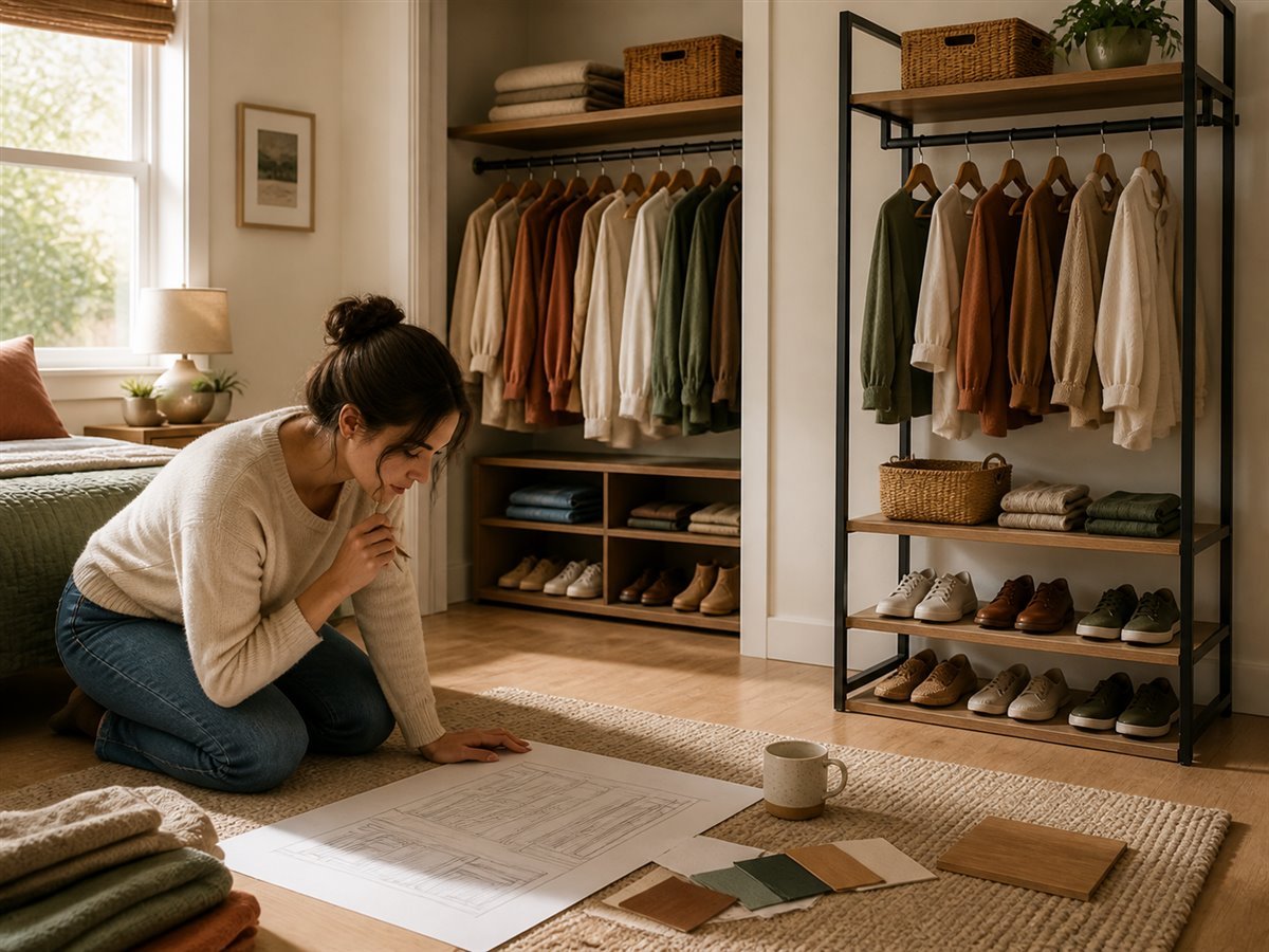 Homeowner comparing closet layouts and material samples beside two storage systems
