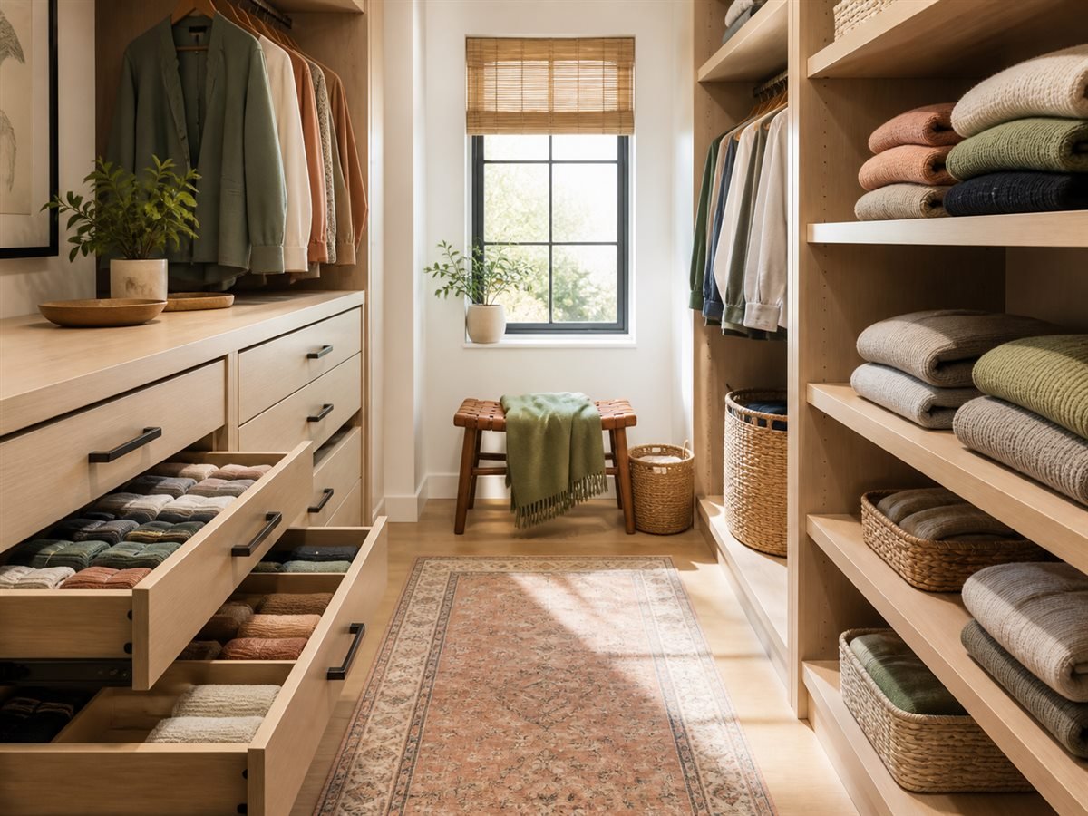 Open closet comparing shelves with pull-out drawers