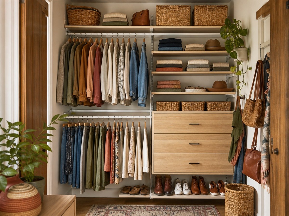 Reach-in closet organized with adjustable hanging, shelves, drawers, baskets, and shoe storage