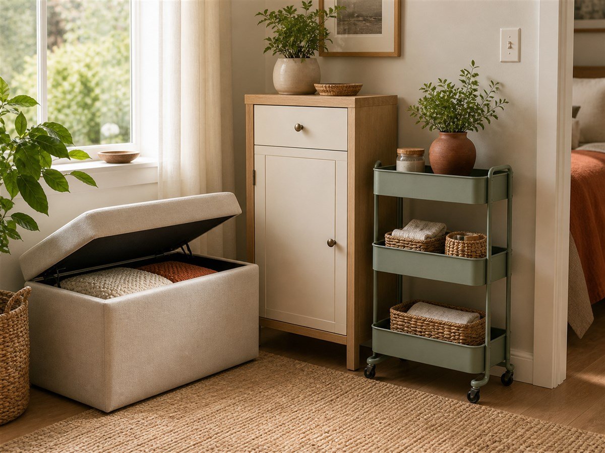 Storage ottoman, slim cabinet, and rolling cart compared in a compact room