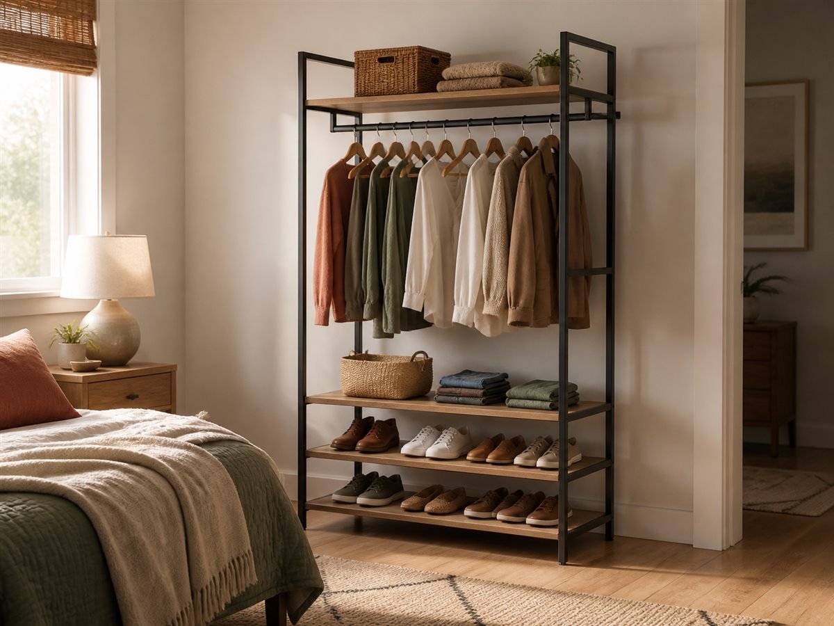 Freestanding open closet system with hanging space and shoe shelves
