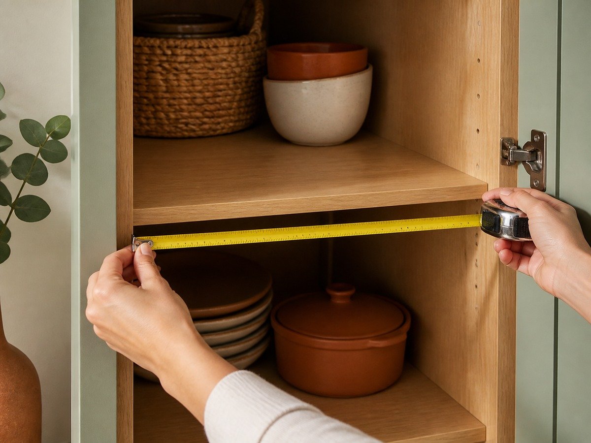 Hand measuring the clear width inside a pantry shelf