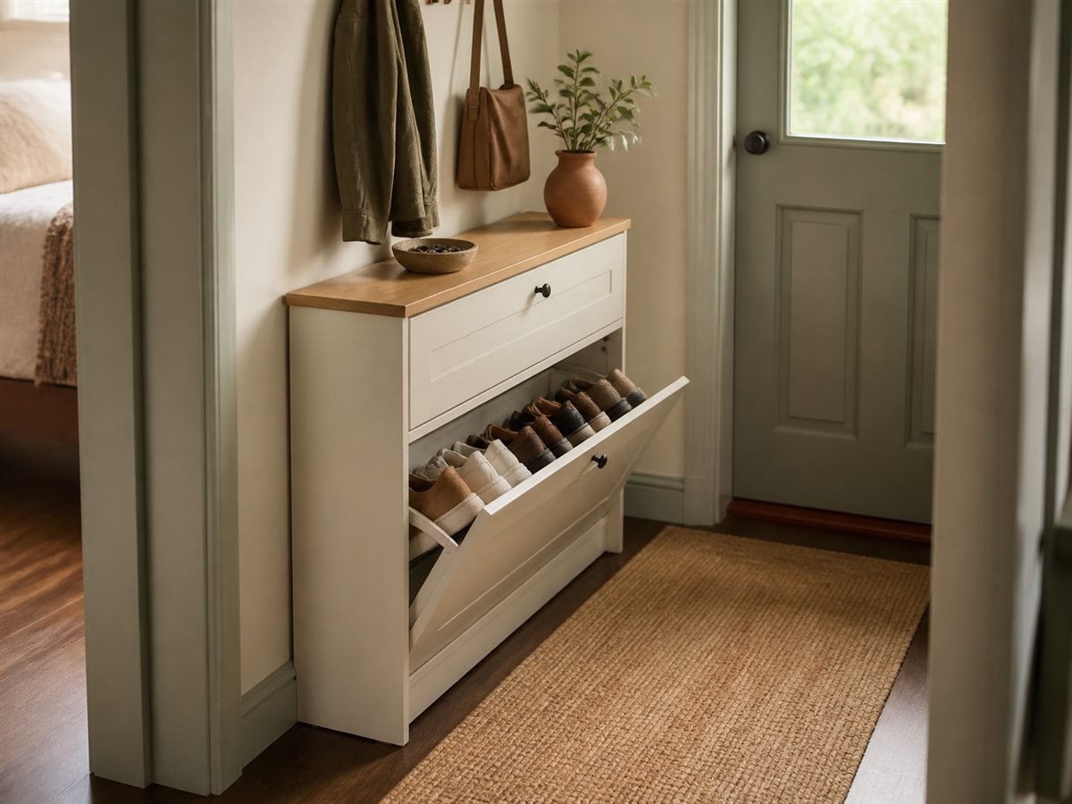 Shallow shoe cabinet fitted into a compact entryway