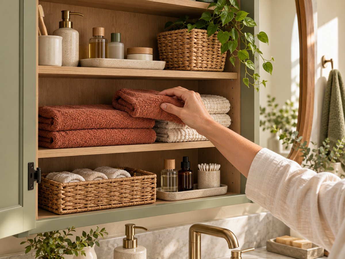 Hand placing a terracotta towel into an organized warm bathroom cabinet