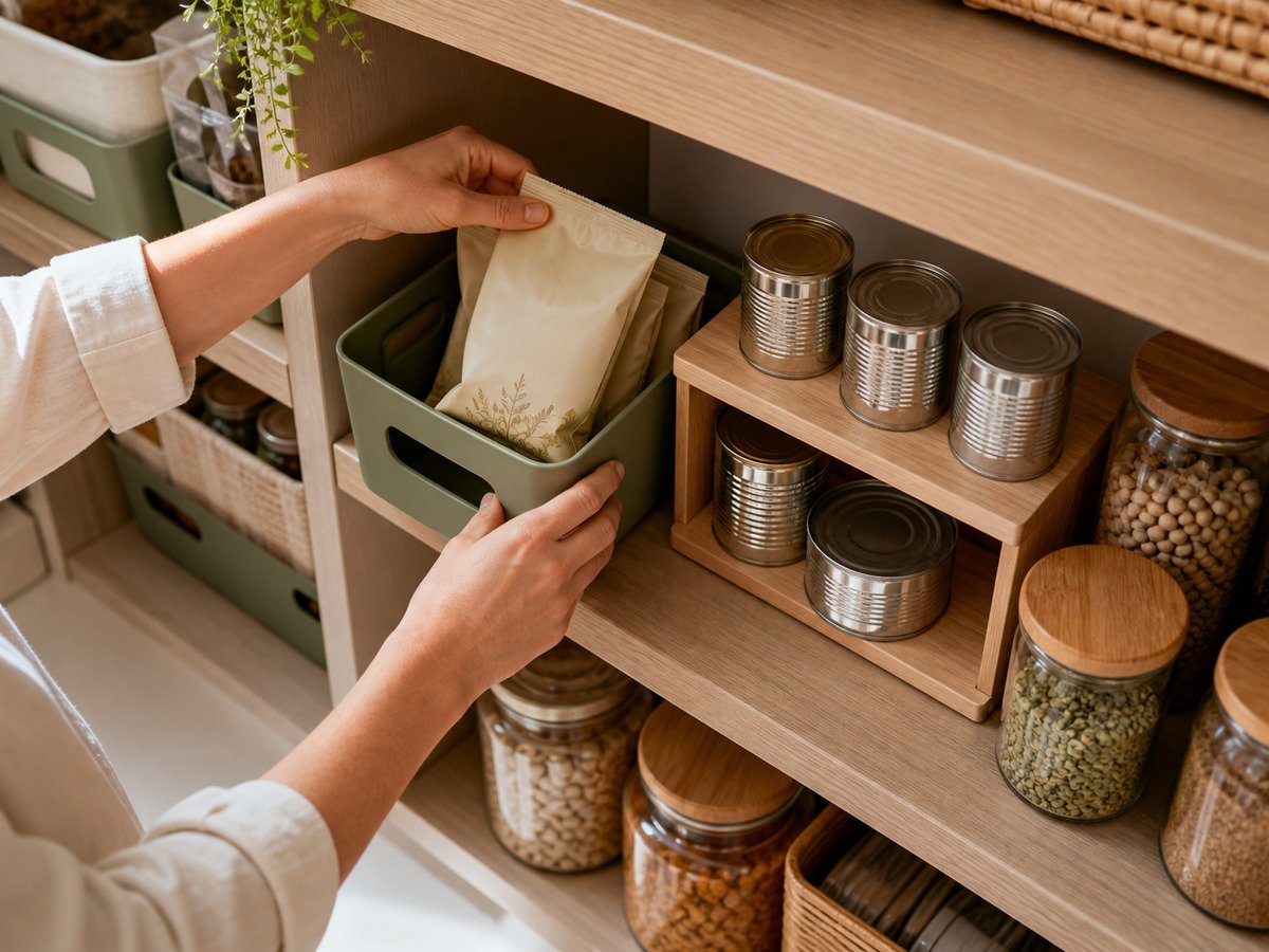 Overhead view of realistic hands restocking a small pantry into simple use-based zones