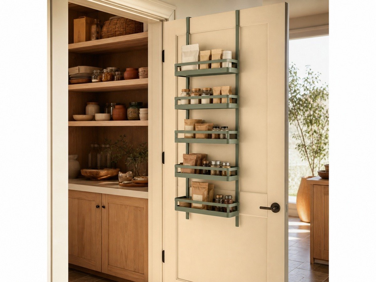 Open pantry door with a shallow storage rack