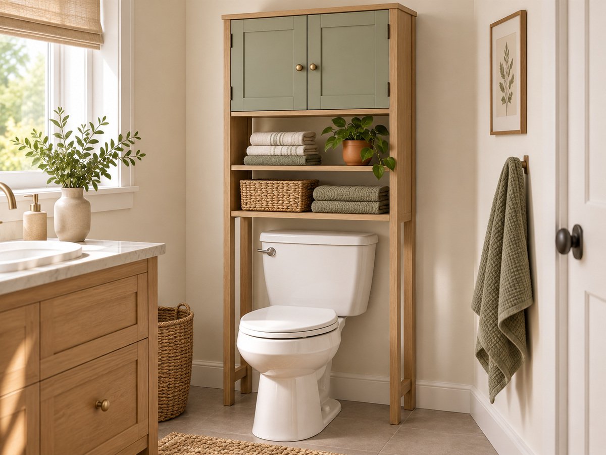 Over-the-toilet storage clearing the tank