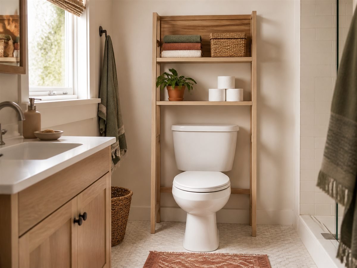 Bathroom storage unit fitted above a toilet with clear service access