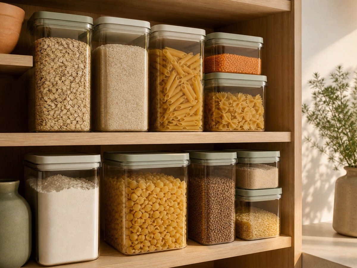 Close view of clear dry-food pantry containers with aligned lids on warm wood shelves