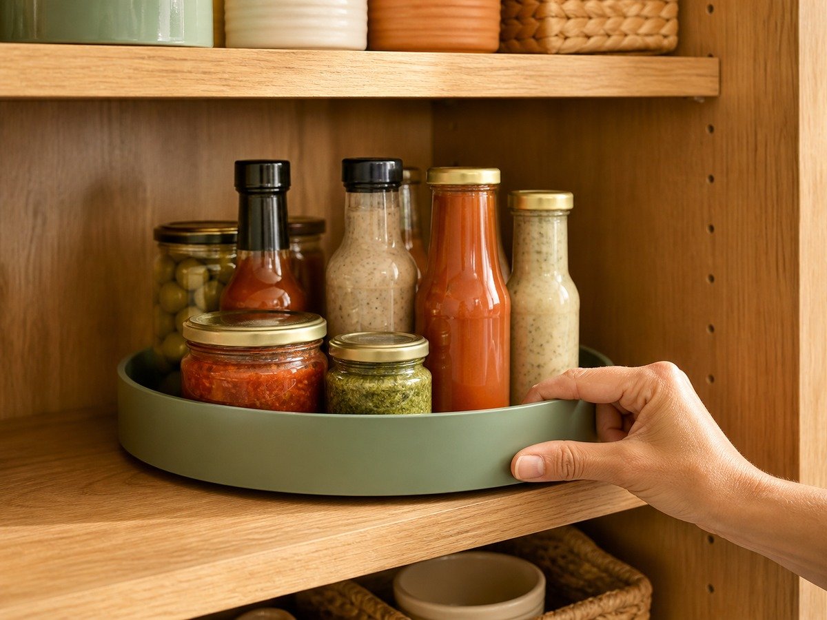 Hand rotating a pantry turntable on a deep shelf