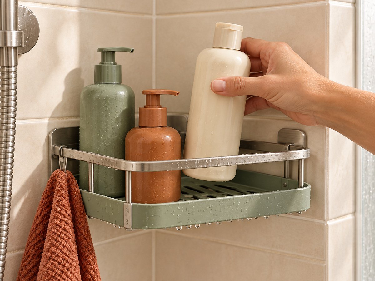 Hand placing a bottle on a draining shower caddy