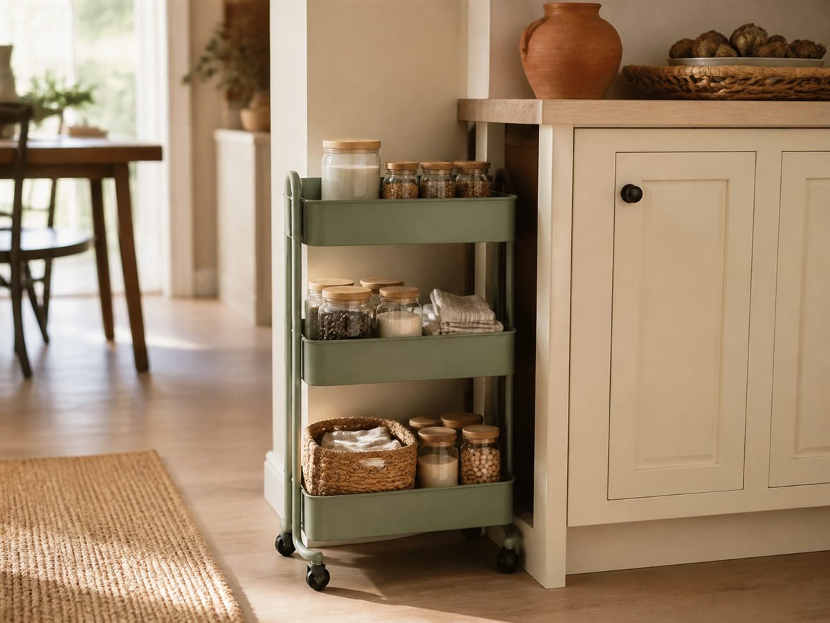 Narrow rolling cart carrying supplies through a compact room