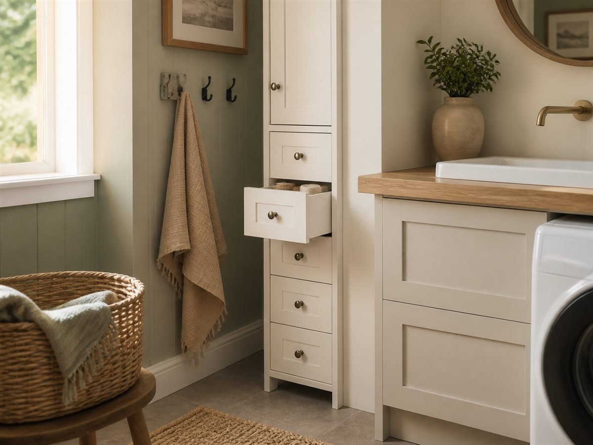 Tall slim storage cabinet using a narrow gap beside a wall