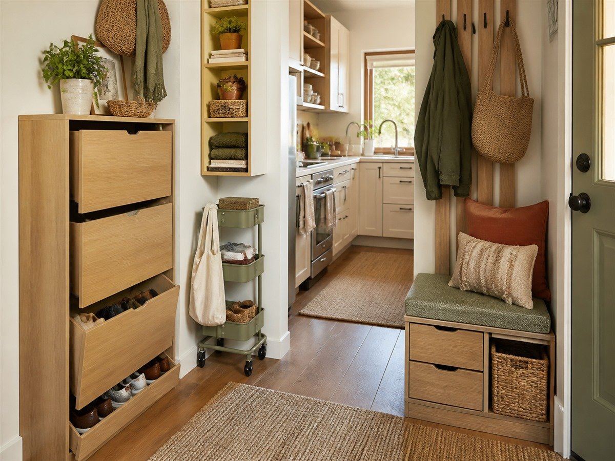 Compact entry using a slim shoe cabinet, vertical shelf, storage bench, hooks, and rolling cart