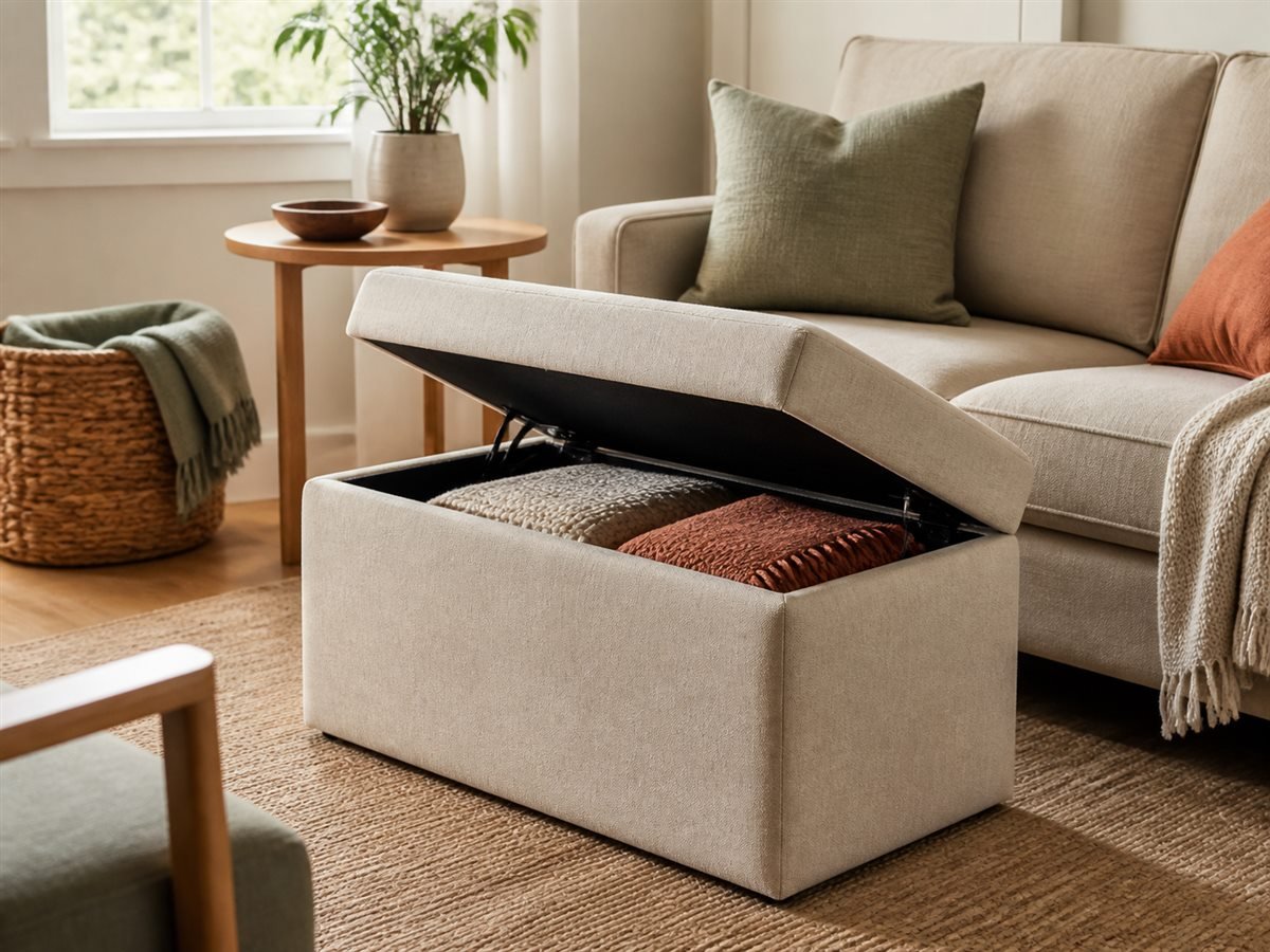 Upholstered storage ottoman open to reveal folded blankets