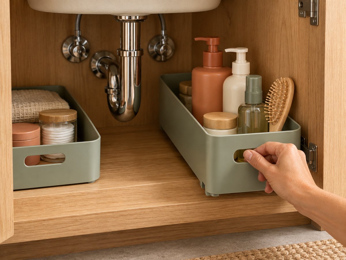 One realistic hand pulling a muted sage organizer beside bathroom sink plumbing