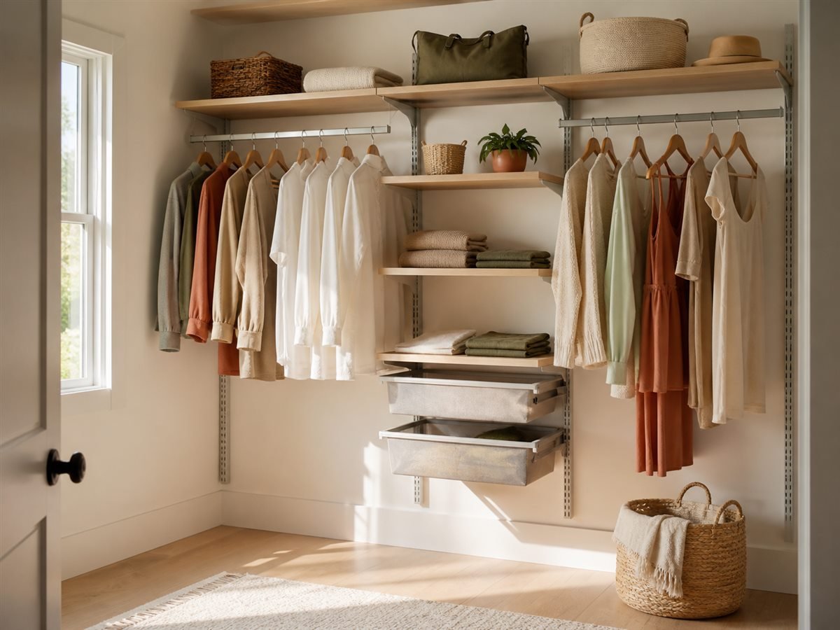 Wall-mounted adjustable closet system with open floor below